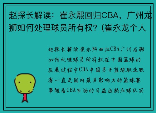 赵探长解读：崔永熙回归CBA，广州龙狮如何处理球员所有权？(崔永龙个人简介)